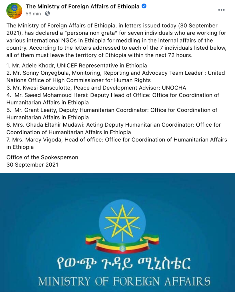 l'Etiopia espelle sette membri del personale delle Nazioni Unite, incluso il rappresentante nazionale dell'UNICEF, per "ingerenza" negli affari interni