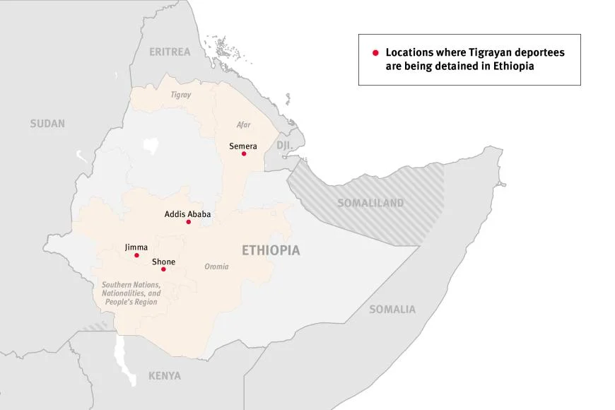  Mappa che mostra i diversi luoghi in cui sono detenuti i deportati del Tigray in Etiopia. Grafica: © 2021 Human Rights Watch 