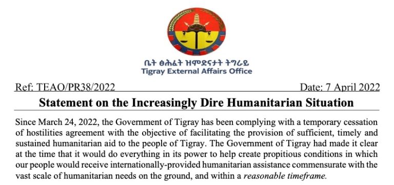 Tigray, Dichiarazione Sulla Situazione Umanitaria Sempre Più Grave