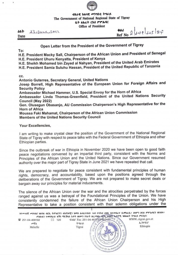 An open letter from the President of Tigray on the position of the government of Tigray with respect to peace talks @reda_getachew @ProfKindeya
