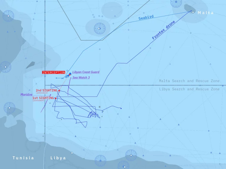 Ricostruzione dell'intercettazione del 30 luglio 2021 facilitata dal drone Frontex. Oltre alla traccia del drone Frontex, la mappa mostra la traccia di Seabird (un aereo Sea-Watch) che ha assistito all'intercettazione. Mostra anche la nave della ONG Sea Watch 3 nelle vicinanze. Non ci sono dati di localizzazione della nave per la motovedetta della guardia costiera libica Ras Jadir o per la nave intercettata. Mappa per gentile concessione di Border Forensics.