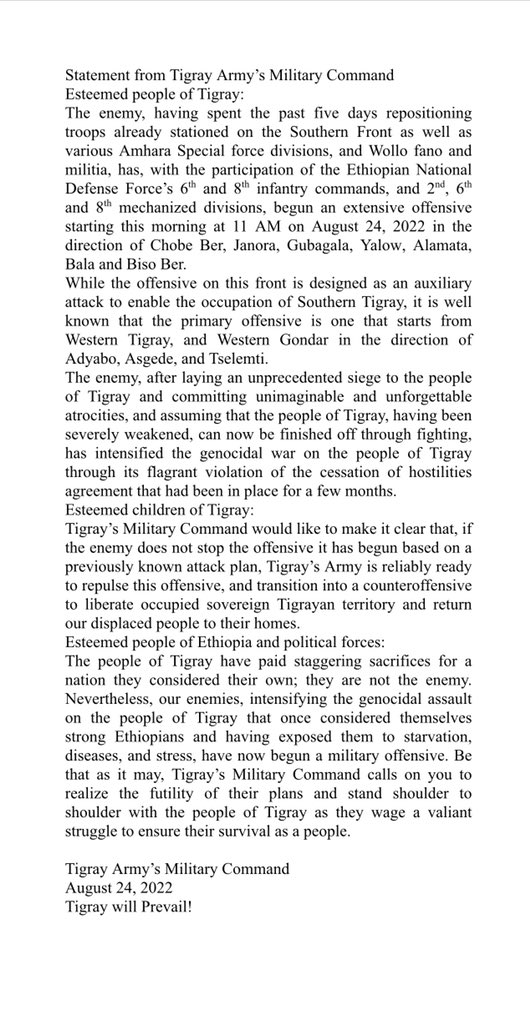 Dichiarazione del Comando militare dell'Esercito Tigray