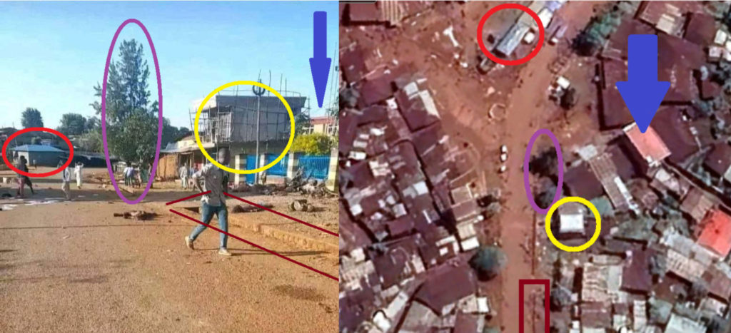  A sinistra, una delle fotografie ampiamente condivise in cui si vedono due corpi (sfocati). Un'ulteriore foto e video della stessa area sono stati utilizzati per individuare la posizione rispetto a quella vista nello screenshot di Google Earth sulla destra. 