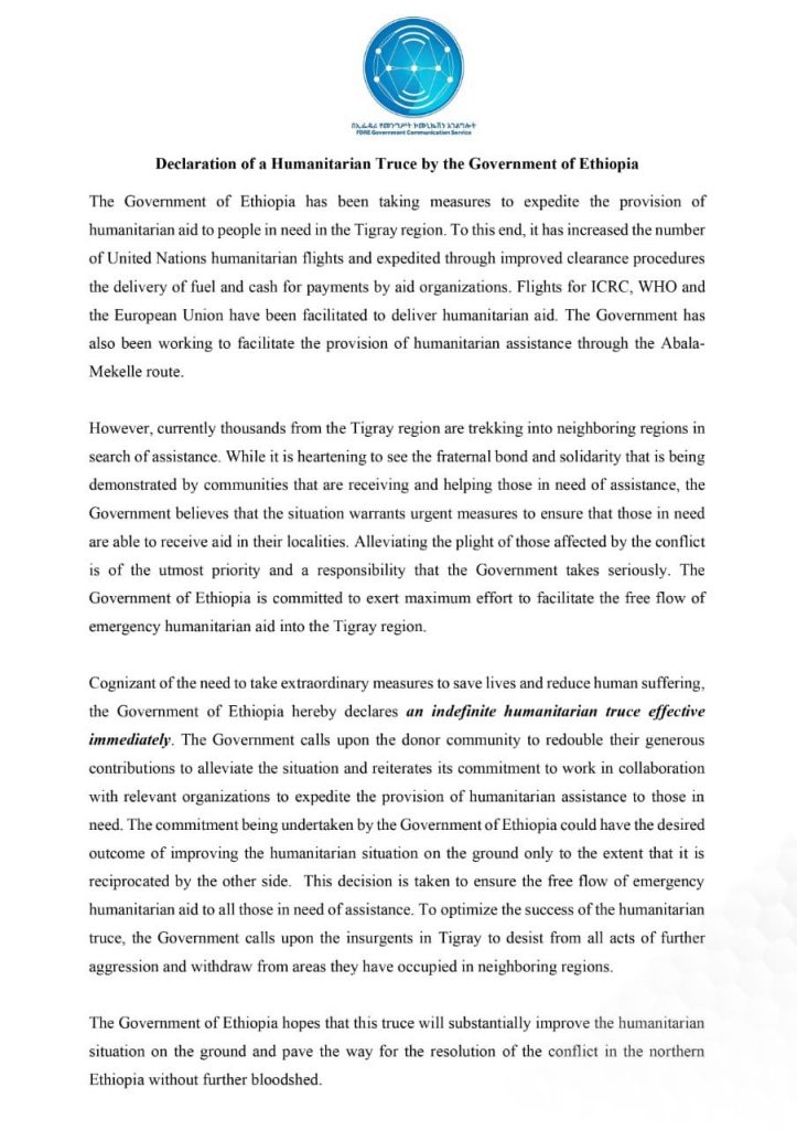 Comunicato del Governo Etiope per la tregua umanitaria dopo 17 dal’ inizio della guerra in Tigray.