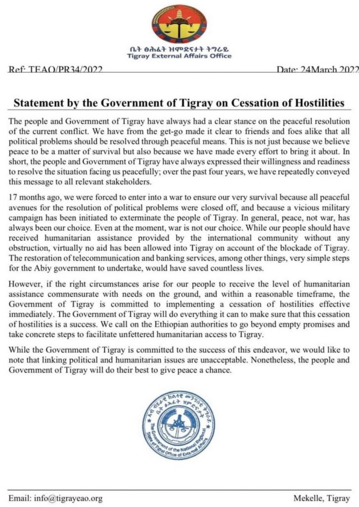 Risposta del governo del Tigray per la tregua umanitaria indetta dal governo etiope dopo 17 dal’ inizio della guerra in Tigray.