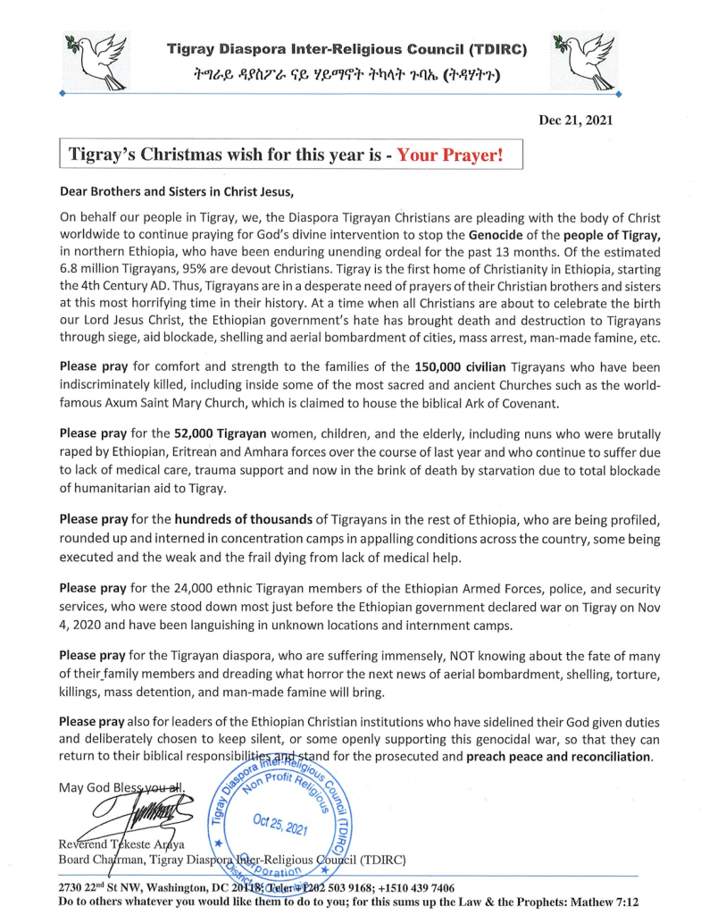 L’augurio di Natale del Tigray per quest’anno è: la tua preghiera! Consiglio Inter-Religioso della Diaspora del Tigray (TDIRC)