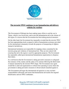 Comunicato gov. etiope verso agenzie umanitarie e WFP – attacchi aerei e responsabilità