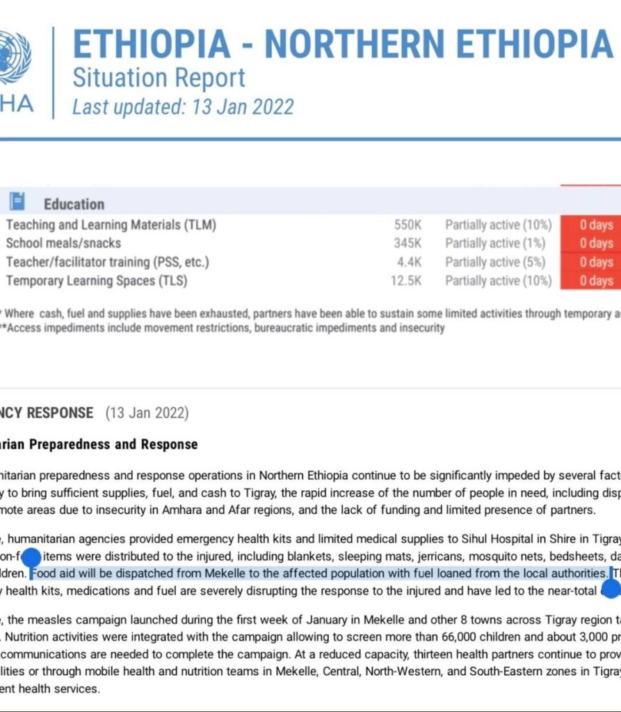 Report UNOCHA – prestito carburante dal governo del Tigray