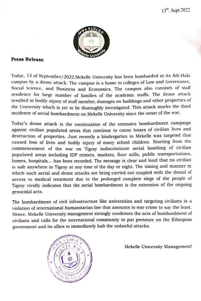 Comunicato di denuncia degli attacchi aerei da parte della Mekellé University