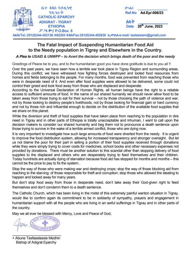 Appello da parte di Abune Tesfaselassie Medhin, Vescovo dell'Eparchia di Adigrat per scongiurare il blocco sugli aiuti alimentari in Tigray, Etiopia
