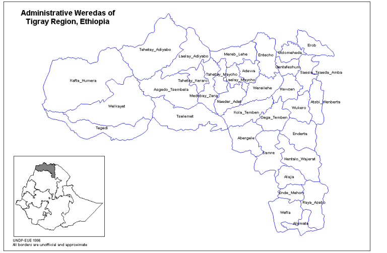 Mappa 1: regione del Tigray (capitale: Mekele), zona orientale (capitale: Adigrat) e distretto locale (Irob woreda, capitale: Dawhan).