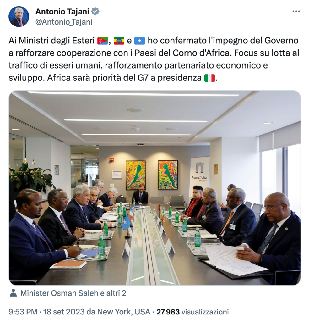 Antonio Tajani, Ai Ministri degli Esteri Etiopia Eritrea Somalia ho confermato l'impegno del Governo a rafforzare cooperazione con i Paesi del Corno d'Africa