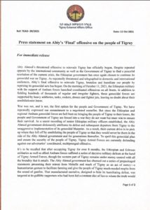 Press statement on Abiy's "Final" offensive on the people of Tigray. - Comunicato stampa sull'offensiva "finale" di Abiy sul popolo del Tigray.