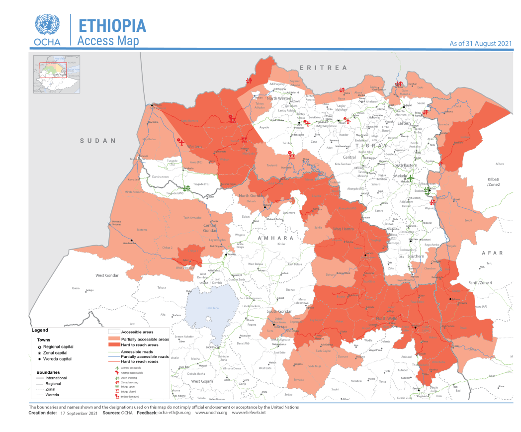 Accesso Umanitario - MAppa del 31 Agosto 2021 - le zone bianche sono accessibili al supporto umanitario, in rosso chiaro sono parzialmente accessibili ed in rosso scuro sono totalmente inacessibili al supporto umanitario