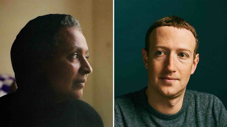 L'etiope Nigist Hailu piange la morte del marito; l'americano Mark Zuckerberg vede in Africa il mercato del futuro. © [M] ZEIT ONLINE; Foto: Jessica Chou/​The New York Times/​Redux/​laif; Kerstin Kohlenberg (sinistra)